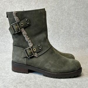 UGG Buckle Moto Boots 1018607 Olive Green Shearling Lined Womens 7 Buckle Straps